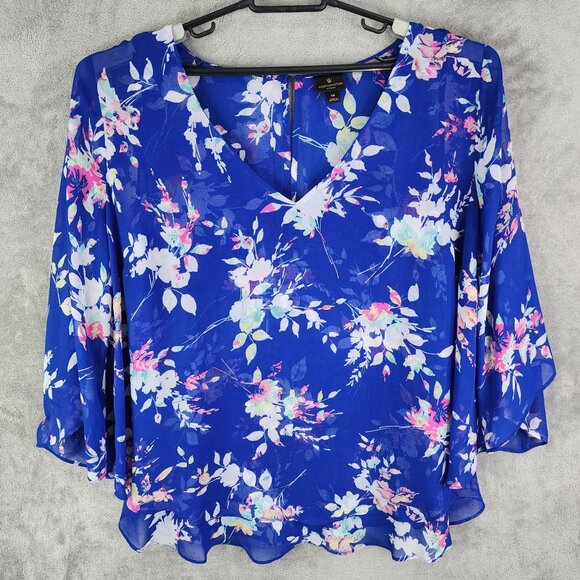 Women's Worthington Woman Floral Print Chiffon Blouse Sheer V Neck 3/4 Sleeve 1X - Picture 2 of 12